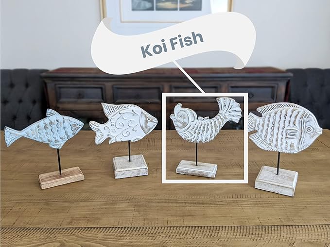 Farmhouse World Wooden Fish Home Decor | Handmade Fish Statue on Base Stand Sea Nautical Beach House Decor Art Piece | Rustic Table Decor for Office, Living Room (Koi Fish)