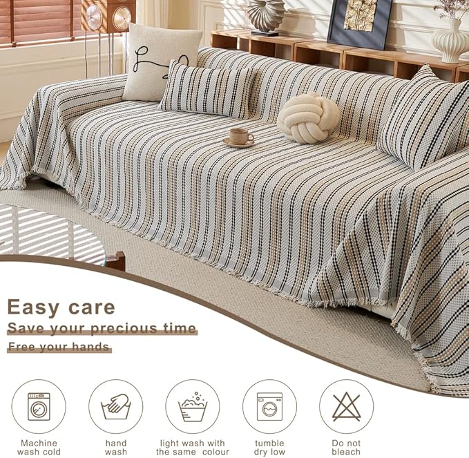 ROOMLIFE Thicked Striped Boho Khaki Couch Cover for 2-3 Cushion Sofa, Chenille Sofa Slipcovers Sectional Sofas Covers for Dog, Non Slip Washable Furniture Protector Soft with Tassel 71''X134''