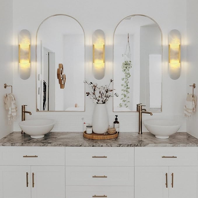 19.7 in Brass Alabaster Wall Sconces, Natural Marble Wall Sconces Indoor Alabaster Sconces for Living Room Modern Alabaster Sconces Wall Lighting for Dining Room Stairs Bedroom