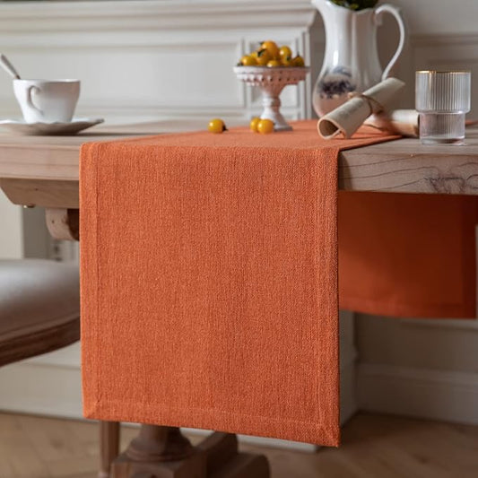 ZeeMart Burlap Style Farmhouse Table Runners 48 Inches Long, Burnt Orange Rustic Woven Dining Fall Table Runner for Everyday Use, 14x48 Inches, Harvest Pumpkin