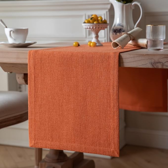 ZeeMart Burlap Style Farmhouse Table Runners 72 Inches Long, Burnt Orange Rustic Woven Dining Fall Table Runner for Everyday Use, 14x72 Inches, Harvest Pumpkin