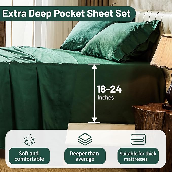 MEISHANG Extra Deep Pocket Cotton Sheets King Size - 100% Egyptian Cotton 1000 Thread Count - Fits 18"-24" in Deep Mattress,Oeko-Tex Certified, Soft & Breathable - 4 Piece (King, Dark Green)