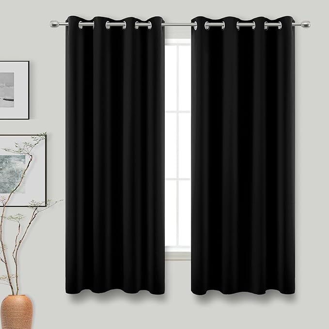 KOUFALL Black Blackout Curtains 63 Inch Length for Bedroom,2 Panels Set Grommet Ring Room Darkening Dark Out Heavy Thick Insulated Thermal Curtains for Winter,63 Inches Long