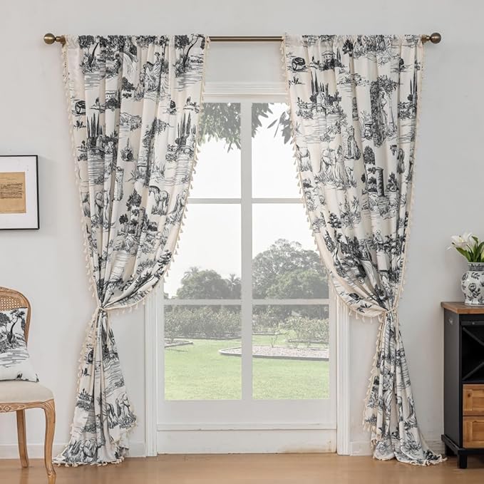 F-CHU Black Curtains 2 Panel Set Drapes for Bedroom Aesthetic Decor Retro Cottage Toile Shabby Chic Design Farmhouse Semi Blackout Curtains 96 Inches Long for Living Room, 55" W x 96" L
