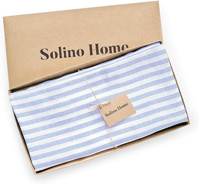 Solino Home Linen Round Tablecloth 70 Inch - Amalfi Stripe, 100% Pure Linen Sky Blue and White Round Tablecloth - Machine Washable Table Cloth