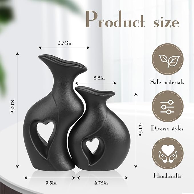 Heart Ceramic Vase Set of 2, Black Flower Vases for Lovers, Modern Minimalist Vases for Home Decor or Gift