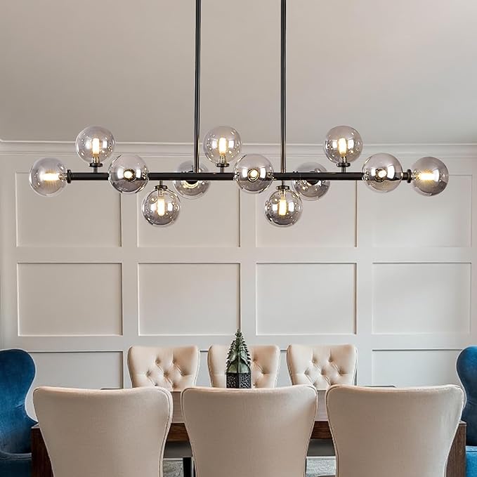 50 Inch Large Sputnik Globe Chandelier, 12-Light Mid Century Modern Light Fixture Over Table, Black Linear Chandeliers for Dining Room Kitchen Island Living (Smoke Grey Bubble Shades)