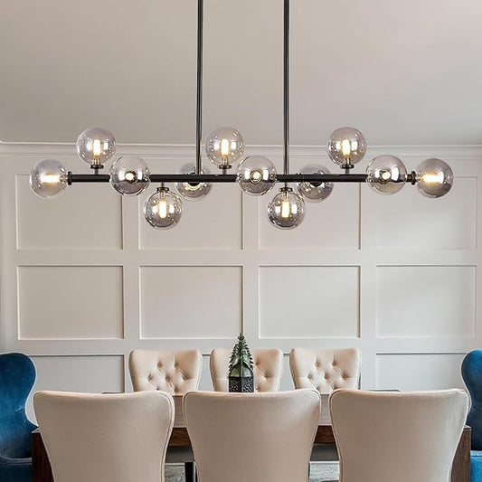 50 Inch Large Sputnik Globe Chandelier, 12-Light Mid Century Modern Light Fixture Over Table, Black Linear Chandeliers for Dining Room Kitchen Island Living (Smoke Grey Bubble Shades)
