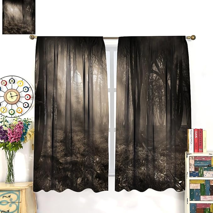 Gothic Forest Blackout Curtains, Forest Scenery Sunbeams Foggy Vintage Colors Fantasy Art Print Window Drapes, for Living Room Bedroom 21(W)*54(L) 2 Panels