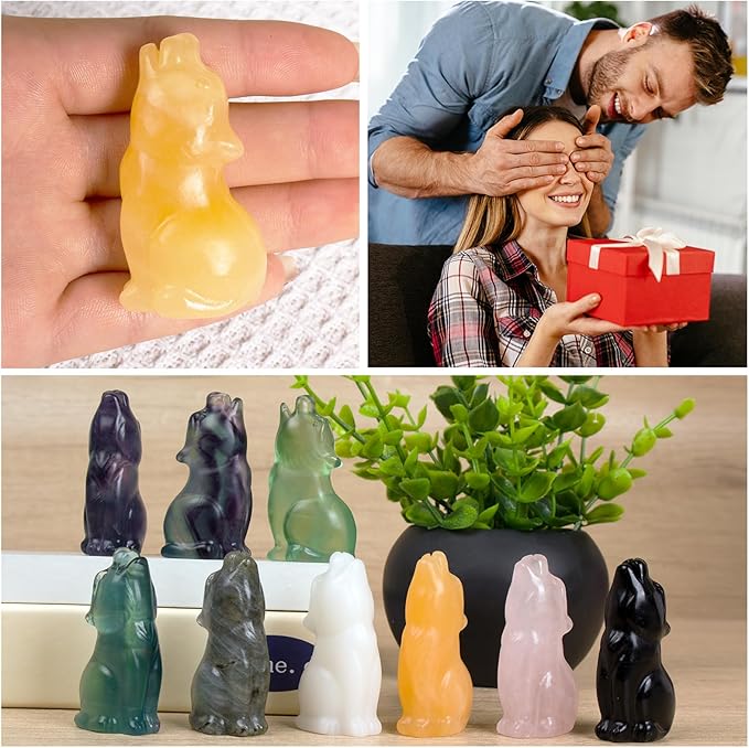 Yellow Calcite Howling Wolf Crystal Figurines, 2.2 Inch Wolf Totem Spirit Animal Statue Decor for Home Office Desk Altar, Hand Carved Natural Healing Crystal Sculpture Gifts for Women Men
