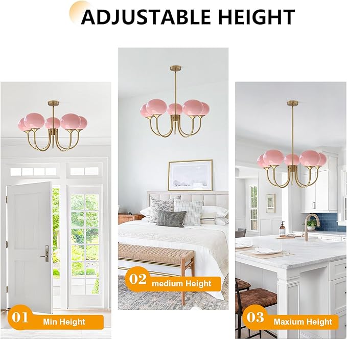 BOKT 5 Light Gold Globe Sputnik Chandelier Modern Pink Glass Sputnik Pendant Lights Kitchen Island Mid Century Vintage Brushed Brass Ball Chandelier Light Fixture for Bedroom Dining Living Room