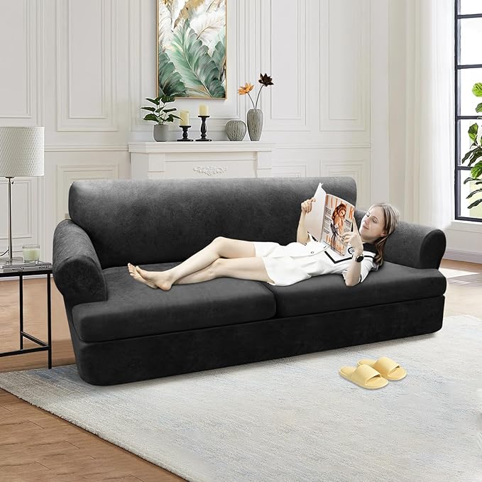 3-Piece T Cushion Sofa Slipcover - Leather Look Couch Cover for 2-Cushion Furniture - Stretch Protector With 2 Individual Seat Covers, Washable, Dark Grey