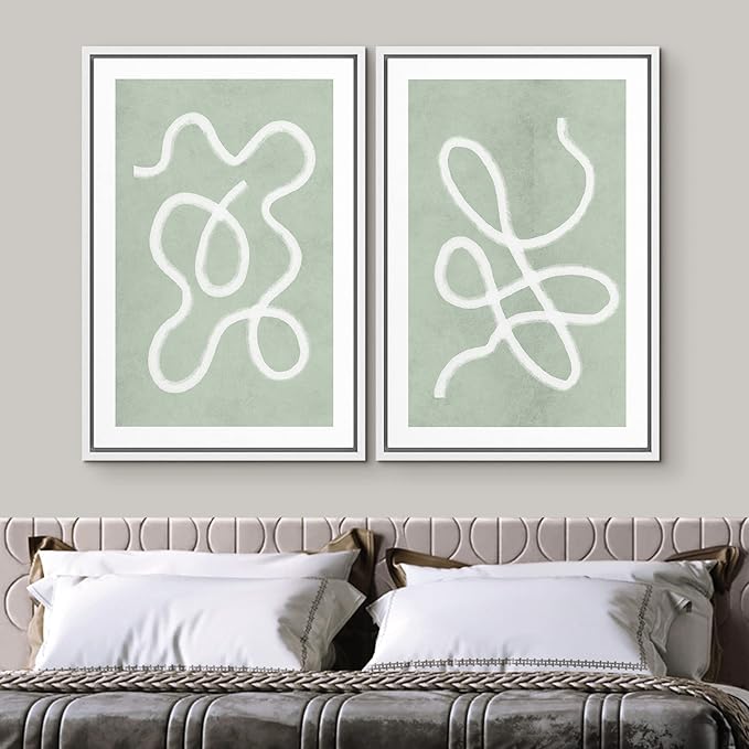 SIGNWIN Framed Wall Art Print Set White Line Over Contrasting Green Background Abstract Swirly Digital Art Modern Art Mid-Century Modern Expressive for Living Room, Bedroom, Office - 16"x24"x2 White