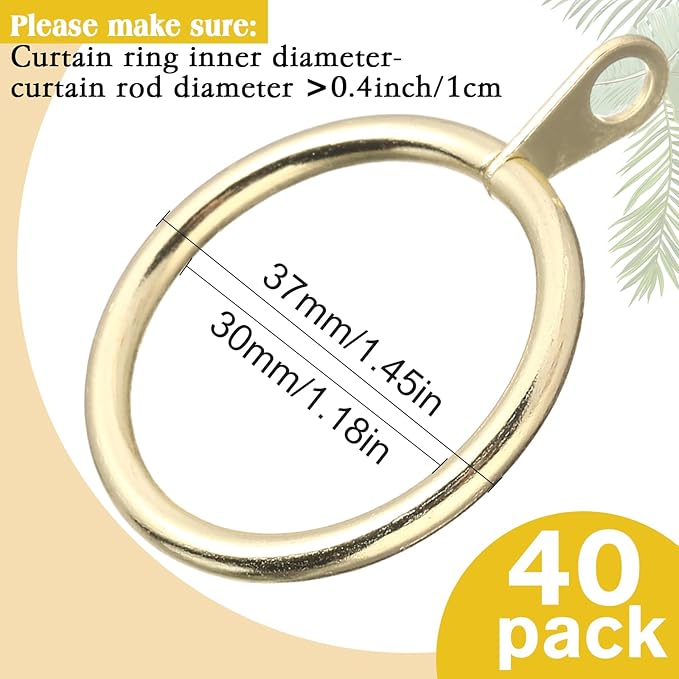 Shappy 40 Pack Metal Drapery Curtain Rod Rings with Eyelets Internal Diameter 1.18in Fits up to 0.79in Rod Hanging Drape Sliding Eyelet Gold Rings for Window Door Shower Bathroom