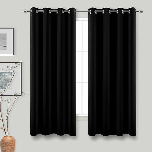 KOUFALL 64 Inch Curtains Black Blackout Insulated Thermal Curtains with Grommets,Darkening Dark Out Heavy Thick Curtains for Bedroom 2 Panels