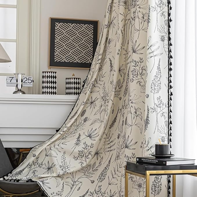 Boho Floral Curtains French Country Farmhouse Curtains 63 Inches Long Light Filtering Window Rod Pocket Drapes for Living Room 2 Panels-Grey Floral