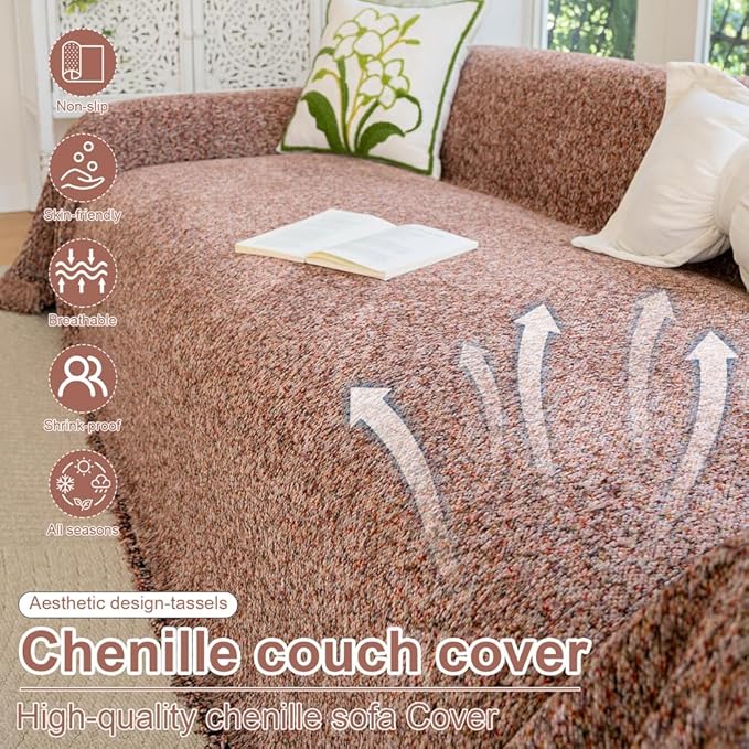 ROOMLIFE Pink Couch Cover for 3 Cushion Sofa, Chenille Sofa Couches Slipcover Sectional Sofas Covers with Tassel, Washable Soft Breathable Furniture Protector Cover for Living Room, 71 '' X 118''