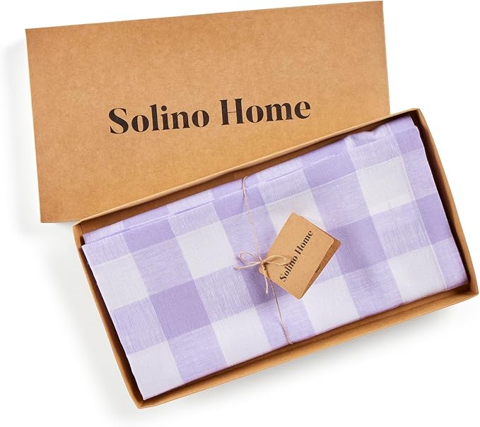 Solino Home Linen Checkered Tablecloth 52 x 52 Inch - 100% Pure Linen Misty Lavender Buffalo Plaid Square Tablecloth - Machine Washable Table Throw