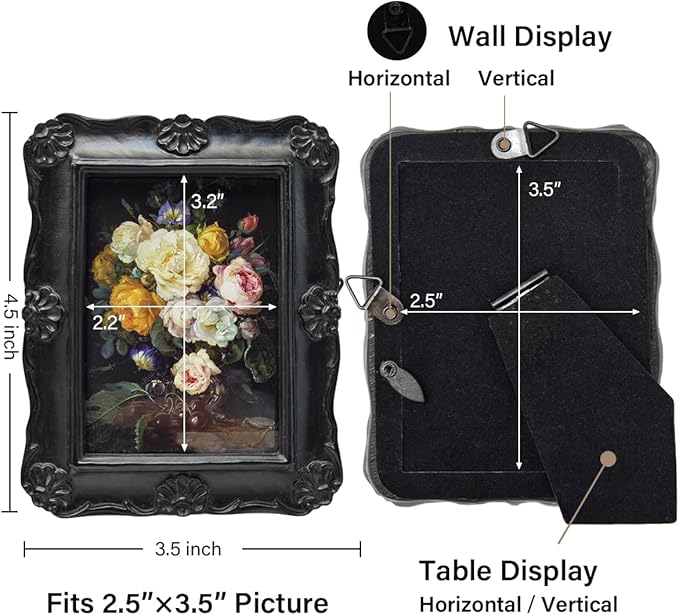 SYLVIA'S SHOP 2.5x3.5 Small Vintage Picture Frame, Mini Antique Black Ornate Photo Frame, for Tabletop and Wall Display, Decorative Floral Design Retro Home Decor, Photo Gallery Art