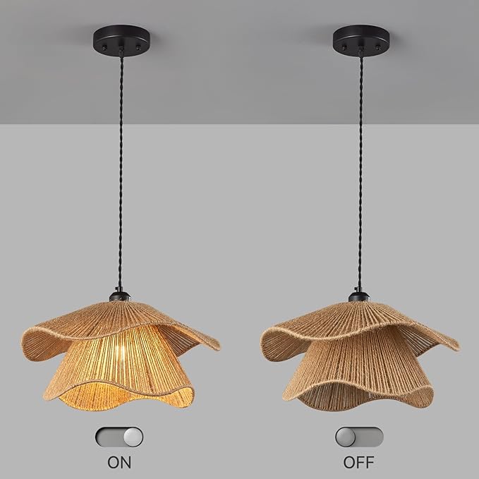 Farmhouse Hand-Woven Rattan Pendant Light Fixture Bohemian Chandelier Woven Wicker Pendant Lighting for Kitchen Island, Dining Room, Bedroom Room,Hallway