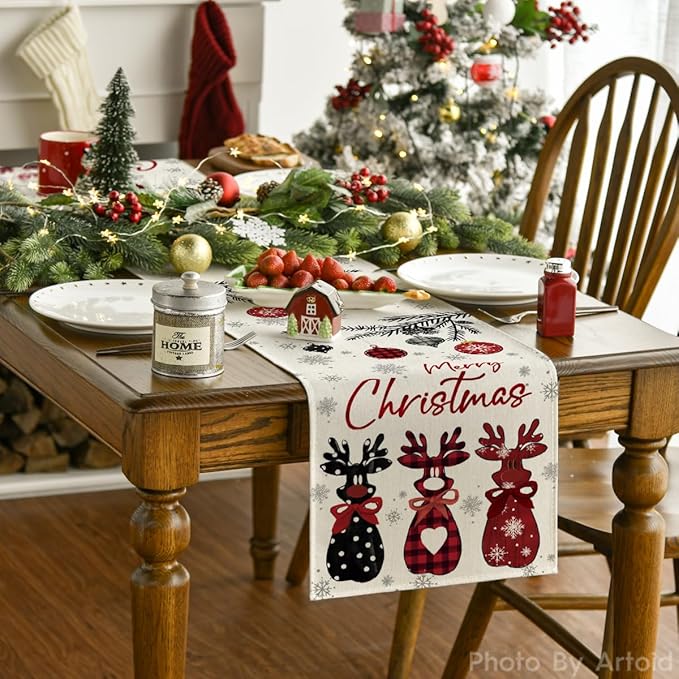 Artoid Mode Red Deer Snowflakes 210 GSM Merry Christmas Table Runner, Seasonal Winter Kitchen Dining Table Decoration for Home Party Decor 13x72 Inch