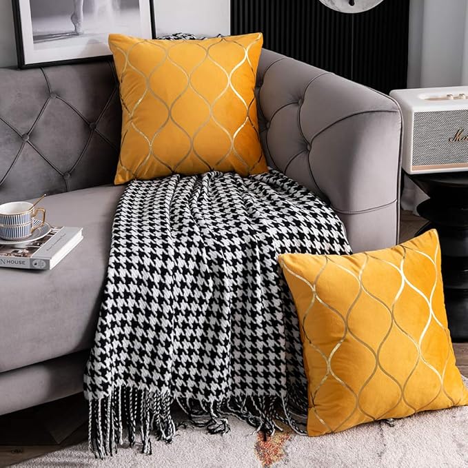 22x22 Inch Gold Velvet Throw Pillow Covers: 2 Pack Square Decorative Pillow Cases for Bedroom Sofa Couch Living Room, Yellow