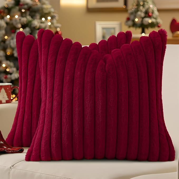 decorUhome Faux Fur Christmas Throw Pillow Covers 16x16 Set of 2, Decorative Soft Plush Striped Neutral Couch Euro Pillow Covers with Velvet Back for Sofa, Bed, Living Room Home Decor, Burgundy