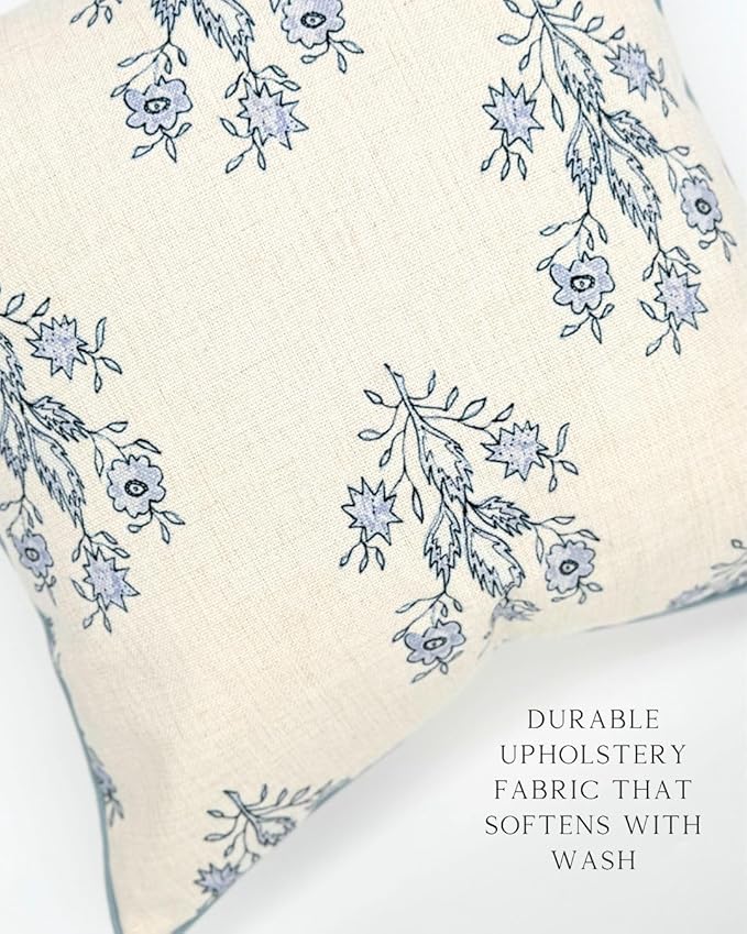 “The Mary” Periwinkle Floral Block Print Pillow Cover – Blue and White Decorative Throw Pillow Cover – Grandmillennial Home Decor, 19" x 19"
