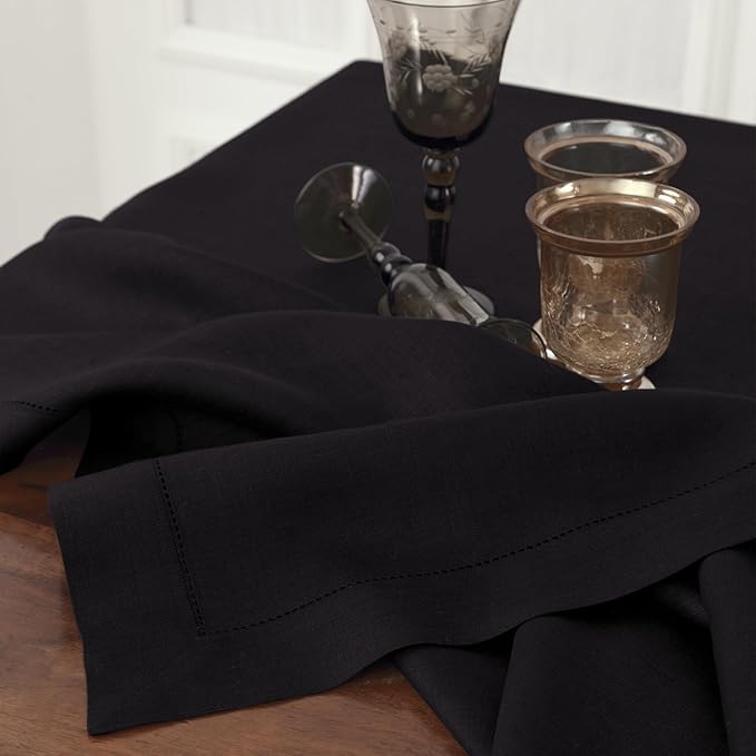 Solino Home Linen Tablecloth 60 x 108 Inch - Classic Hemstitch 100% Pure Linen Black Table Cloth for Rectangle Tables - Machine Washable Tablecloth for Fall, Autumn, Winter, Thanksgiving, Holiday