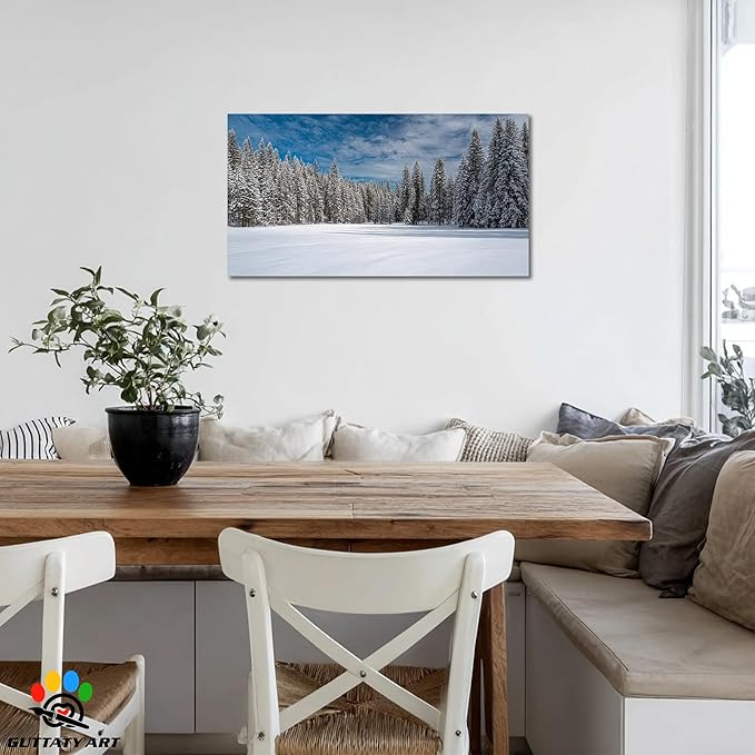 GUTTATY Christmas Winter Scene Canvas Wall Art, Snowy Forest Canvas Prints, Tranquil Blue Sky Wall Decor, Modern Poster Picture for Living Room, Holiday Wall Hanging Artwork, 16x8 Inch