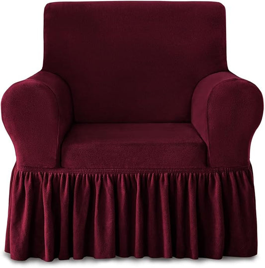 NICEEC Armchair Cover Thick Plush 1-Piece Warm Wine Red Armchair Slipcover Stretch Fluffy Couch Covers for Living Room Easy Fit Washable Soft Furniture Sofa Protector with Skirt