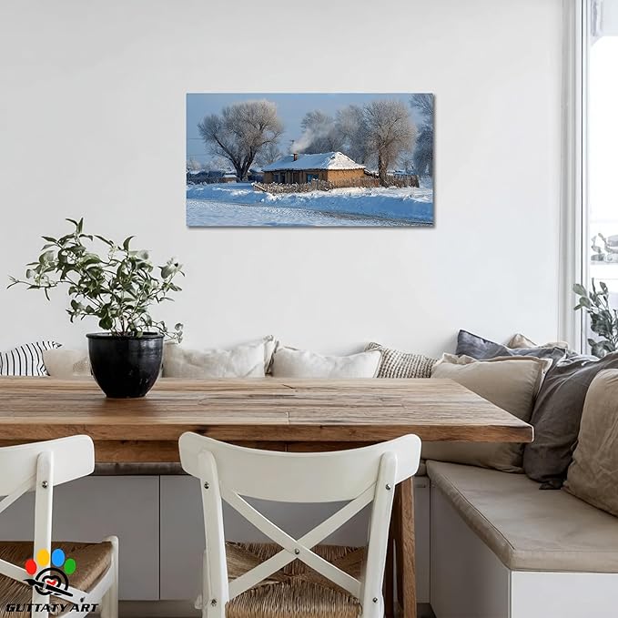 GUTTATY Christmas Winter Scene Canvas Wall Art, Cozy Snow-Covered House Canvas Prints, Peaceful Rural Snow Scene Wall Decor, Winter Pictures Posters for Living Room, Holiday Gift, 40x20 Inch