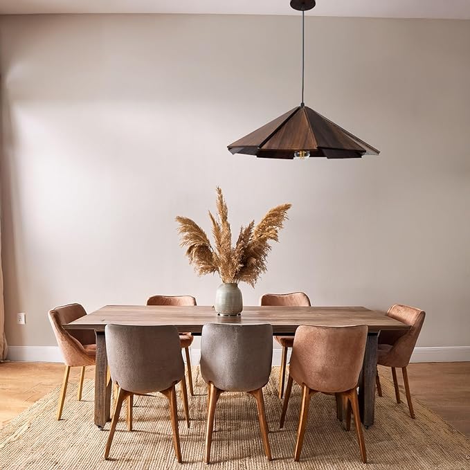 Dark Wood Geometric Pendant Light, Layered Wooden Hanging Lamp, Modern Farmhouse Scandinavian E26 Adjustable Ceiling Fixture for Kitchen Island, Dining Room, Bedroom, Living Room, Entryway.