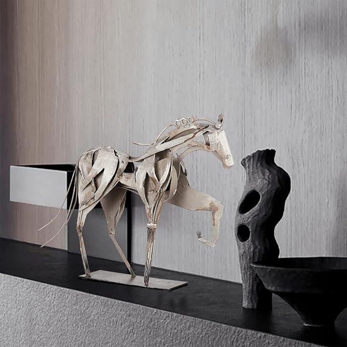 Handmade Metal Horse Statue Decor - Handcrafted & Hand-Painted Sculpture, Unique Rustic Figurine for Home, Office, Desk Decoration (White)