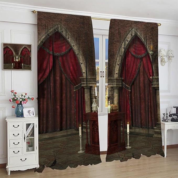 Gothic Architecture Blackout Curtains, Mysterious Mid Century Dark Castle Pattern Window Drapes, for Living Room Bedroom 21(W)*54(L) 2 Panels