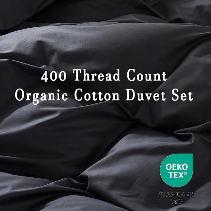 100% Organic Cotton California King Duvet Cover 400 Thread Count Percale 104x98 Inches Sateen Comforter Cover Soft and Breathable Bedding Set 3 Piece（Black,Cal King）