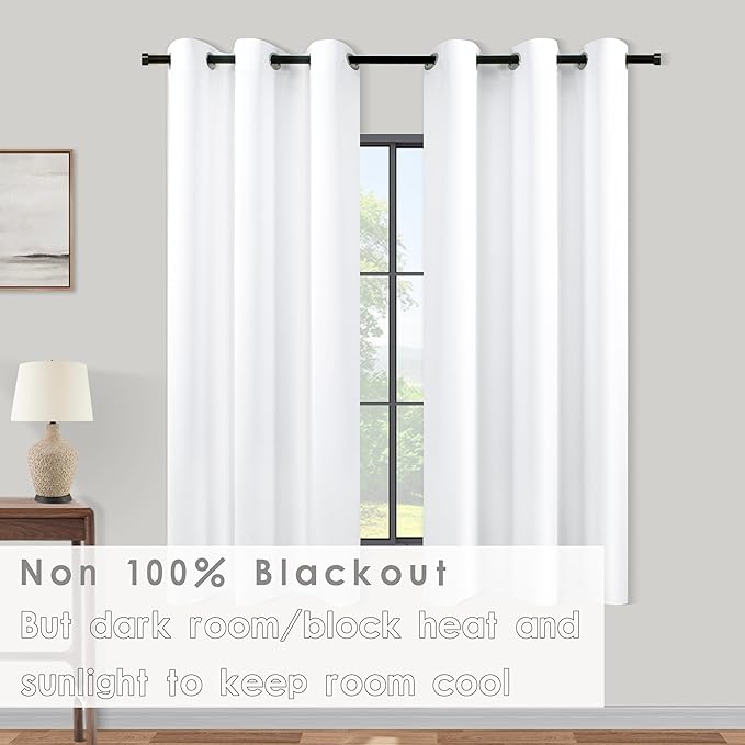 KOUFALL White Short Curtains for Small Bathroom Window,2 Panel Sets Kitchen Cafe Curtains with Grommets Rings 60-70% Blackout,45 Inch Length