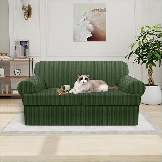 Waterproof Loveseat Cover 3-Piece Set Striped Slipcover for 2 Separate T Cushion Couch - TPU Fabric 2-Seater Sofa Covers Leakproof Couch Protector for Kids, Pets(Loveseat, Military Green)