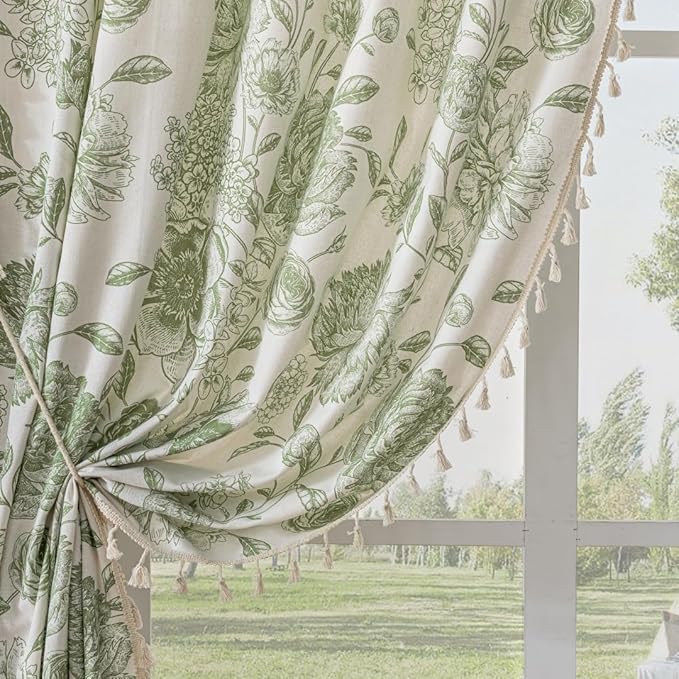 F-CHU Sage Green Curtains for Bohemian 90 Inch Length French Country Floral Drapes Farmhouse Rustic Vintage Window Curtain Panels for Bedroom Chic Country Curtains，2 Panel 52" W x 90" L