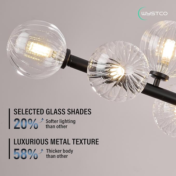 50 Inch Large Sputnik Globe Chandelier, 12-Light Mid Century Modern Light Fixture Over Table, Black Linear Chandeliers for Dining Room Kitchen Island Living (Clear Glass Bubble Shades)