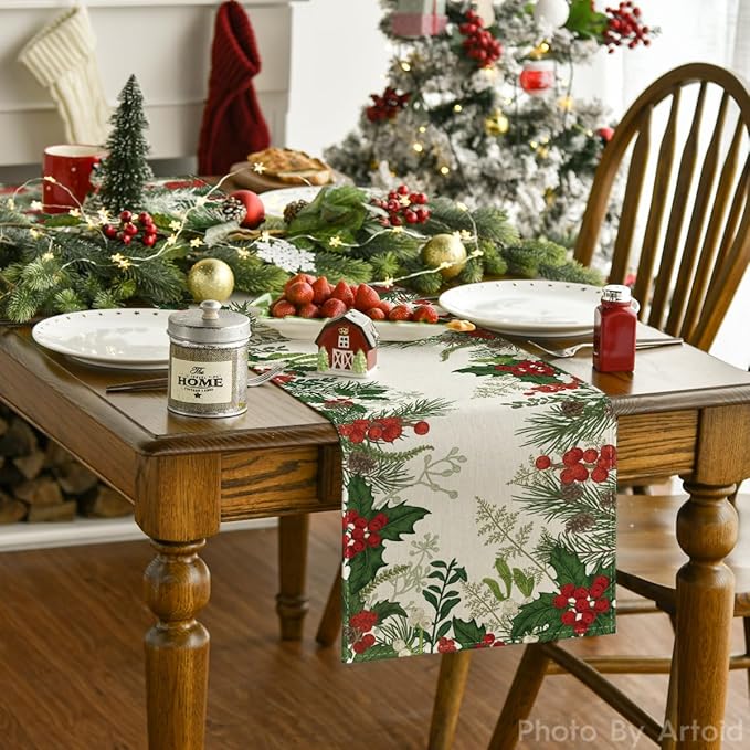 Artoid Mode Holly Pine Cone Christmas Table Runner, Seasonal Winter Kitchen Dining Table Decoration for Home Party Decor 13x90 Inch