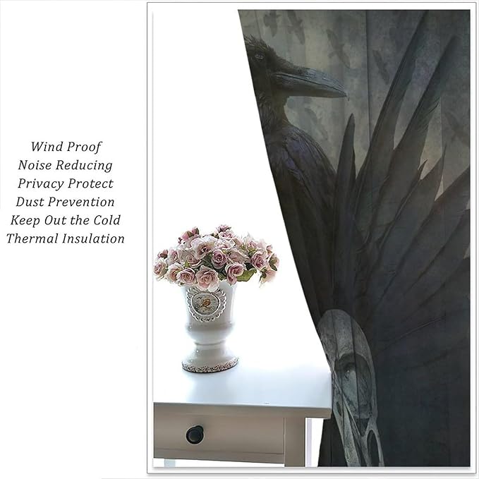 Gothic Blackout Window Curtains, Halloween Black Raven Crow Black Dark Wings Rod Pocket Window Treatments Drapes, for Living Room Bedroom 27.5(W)*63(L) 2 Panels