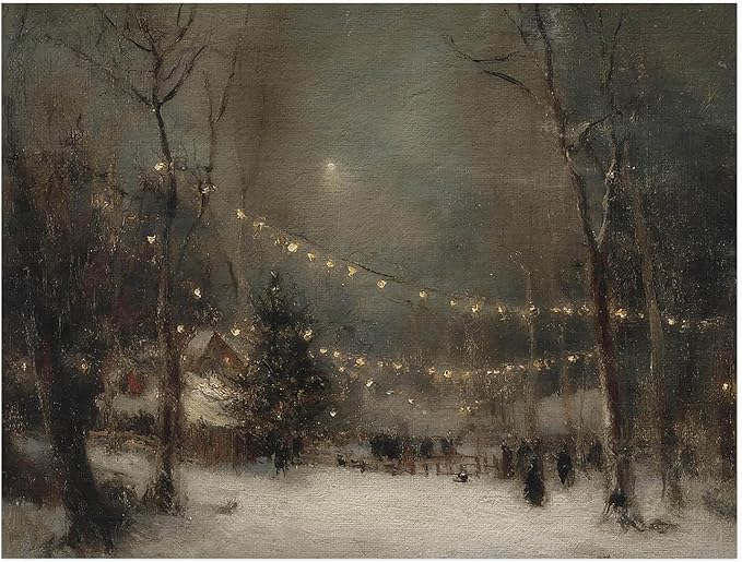 Winter Evening Landscape Wall Art Prints,Moody Antique Snowy Holiday Decor,Rustic Christmas Eve Print,Snowy Forest Lights Christmas Poster