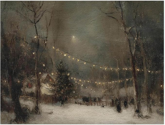 Winter Evening Landscape Wall Art Prints,Moody Antique Snowy Holiday Decor,Rustic Christmas Eve Print,Snowy Forest Lights Christmas Poster