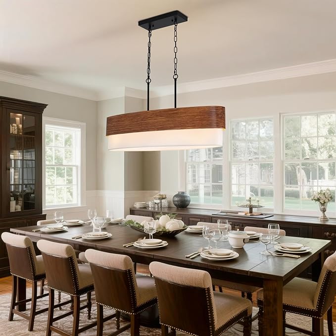 33.5'' Dining Room Chandelier Over Table, 4-Light Farmhouse Kitchen Island Lighting, 2-Tier Large Linear Chandelier with Faux Wood Texture and White Fabric for Dining Room Kitchen Island