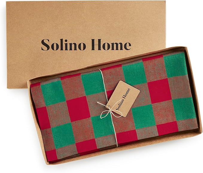 Solino Home Linen Checkered Tablecloth 52 x 52 Inch - 100% Pure Linen Red and Green Buffalo Plaid Square Tablecloth - Machine Washable Table Throw for Christmas, Holiday, Winter