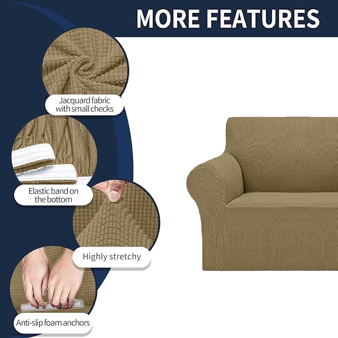 Cupuamon 2025 New Stretch Sofa Slipcovers Couch Cover for 3 Cushion Furniture Protector Sofa Covers with Elastic Bottom Jacquard Fabric Small Checks for Pets, Kids -Sofa, Tan