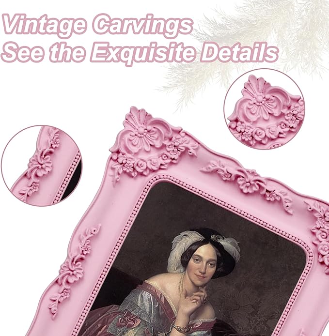 Pink Picture Frame 5x7 Vintage Victorian Picture Frame Antique Ornate Baroque for Tabletop or Wall Hanging Small with Glass Front