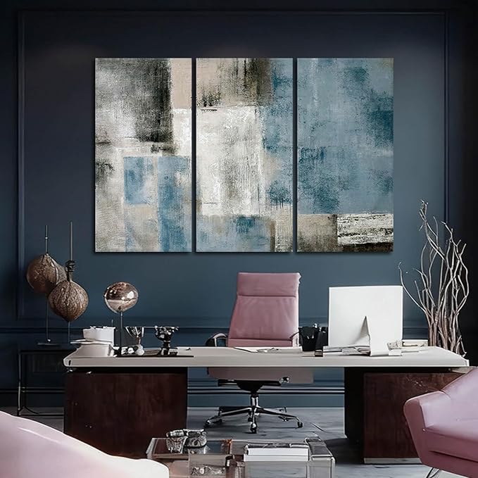 SDYA Abstract Canvas Wall Art Grey and Blue Wall Decor Modern Canvas Painting 20"x40"x3p Decorations for Bedroom Office Artwork