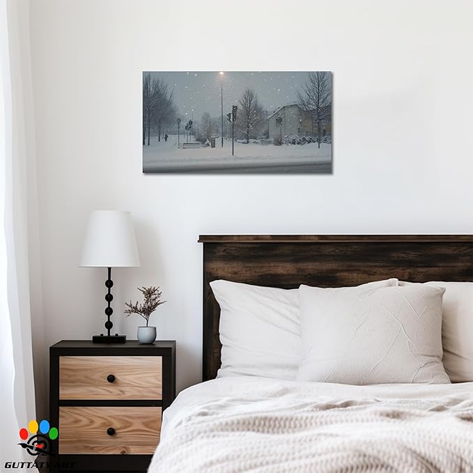 GUTTATY Christmas Winter Scene Canvas Wall Art, Snowy Street Canvas Prints, Tranquil Outdoor Winter Pictures Wall Decor, Seasonal Hanging Artwork for Living Room, Bedroom, Office, 40x20 Inch